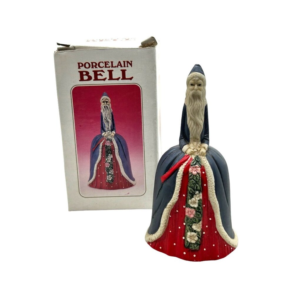 Vintage Victorian Santa Bell Porcelain Blue Red Floral Christmas Collectible